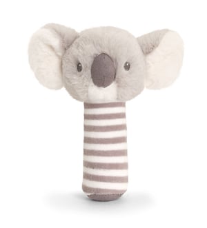 A stuffed koala bear with a striped arm.