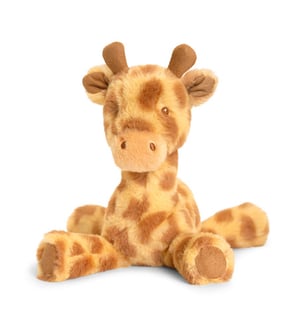 A stuffed giraffe is sitting on a white background.