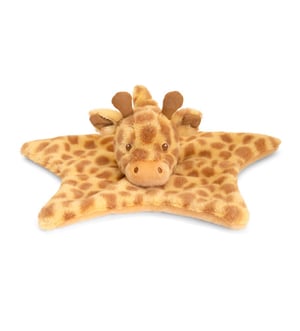 a stuffed giraffe laying on a star shaped blanket