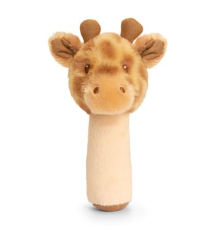 A stuffed giraffe's head is on a stick.