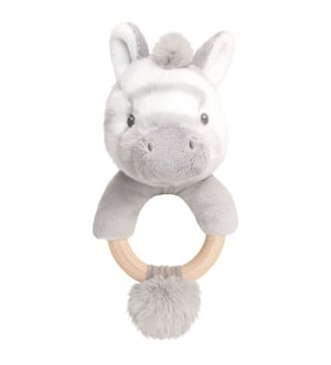 A stuffed zebra with a wooden ring around its neck.