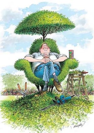A cartoon shows a man sitting in a chair that is made to look like a tree.