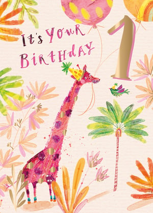 A birthday card with a giraffe and the number 1.