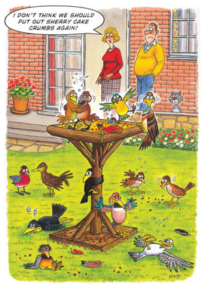 A cartoon shows a man and a woman standing in front of a bird feeder.
