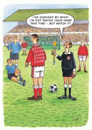 A cartoon of two soccer players talking to the referee.