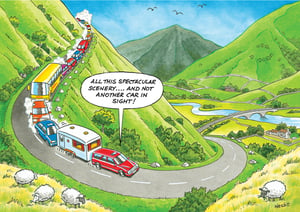 A cartoon of cars driving down a road with a caption that says "All this spectacular scenery and not another car in sight."