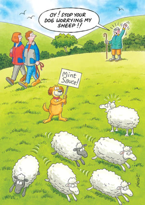 A cartoon of a dog holding a sign that says "mint sauce".