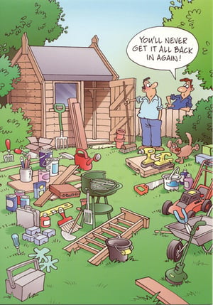A cartoon shows a man talking to another man in front of a shed.