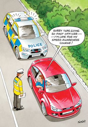 A cartoon of a man talking to a police officer.