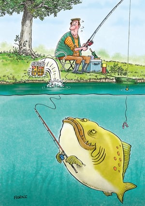 A cartoon of a man fishing with the name "Fernz" on the bottom.
