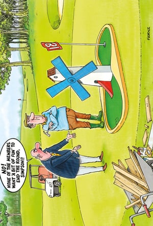 A cartoon of two men on a golf course with the number 8 on the green.