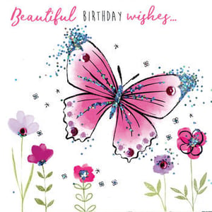 A pink butterfly is surrounded by flowers on a birthday card.