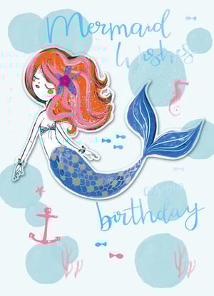 A birthday card with a mermaid and the words "mermaid wishes" on it.