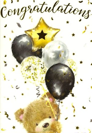 A congratulations card with a teddy bear holding balloons and a star is the correct sentence.