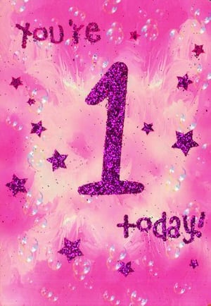 A pink birthday card with a purple number one and stars.