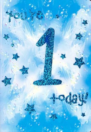 A blue and white birthday card with a blue number one and stars.