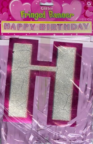 A fringed banner that says "Happy birthday" on it.