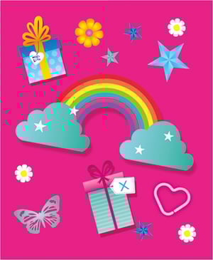A pink background with a rainbow, a gift box, and flowers.