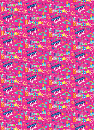 A pink wrapping paper that says "Happy Birthday, girl."