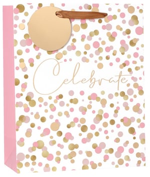 A gift bag that says "Celebrate" on it.