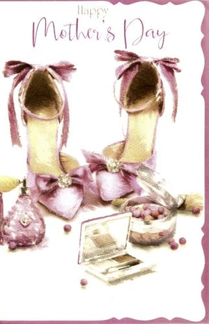 A mother's day card with a pair of purple shoes.