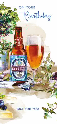 A birthday card with a bottle of beer and a glass of beer.