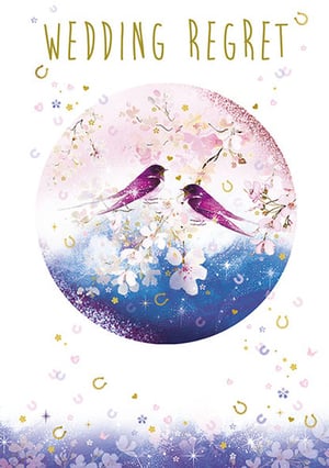 A wedding regret card with two birds in a circle.