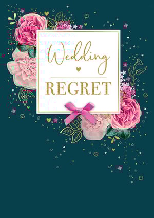 A wedding regret card with pink flowers on a blue background.