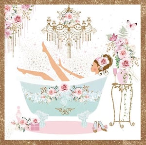 A woman is taking a bath in a bathtub surrounded by flowers.