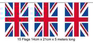 a string of british flags 14cm x 21cm x 5 meters long .