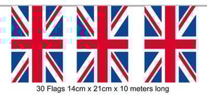 a string of british flags 14cm x 21cm x 10 meters long .