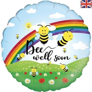 A "Bee Well Soon" balloon with bees and a rainbow.