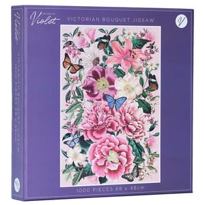 A purple box with a picture of flowers and butterflies on it.