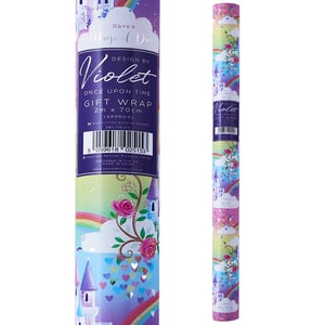 A roll of violet once upon a time gift wrap.