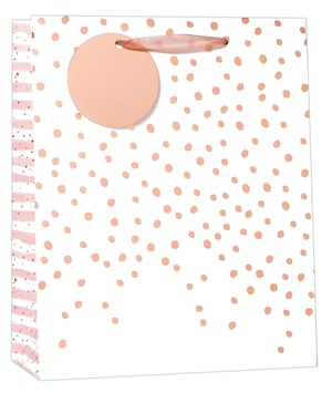 A white bag with pink polka dots on it.