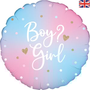 A pink and blue balloon that says "boy or girl."