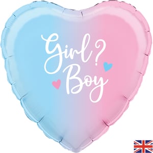 A heart-shaped balloon that says "girl" or "boy."