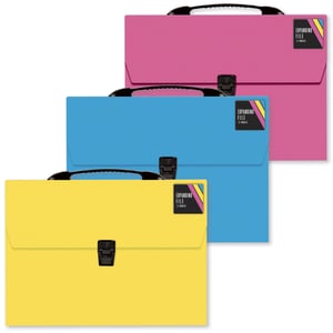 Three differently colored expanding file folders with handles.