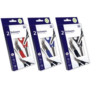 Three boxes of scissors with different colors.