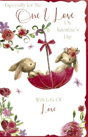 A Valentine's Day card with two rabbits in an umbrella.
