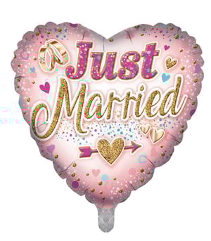 A heart-shaped balloon that says "Just Married."