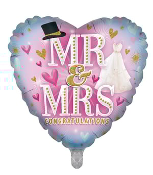 A heart-shaped balloon that says "Mr. and Mrs. Congratulations."