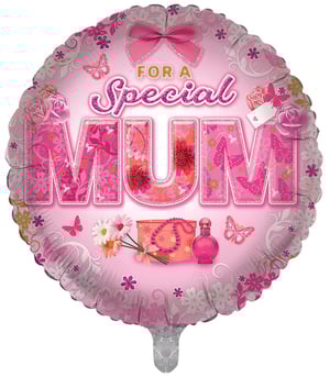 A pink balloon that says "for a special mum."