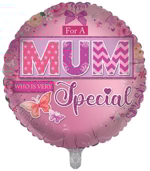 A pink balloon that says "for a mum who is very special."