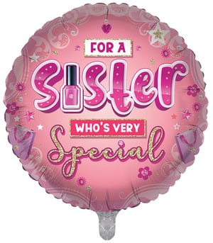 A pink balloon that says "for a sister who's very special."