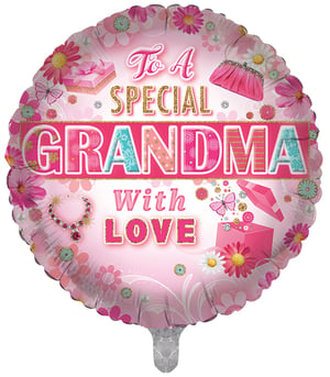 A pink balloon that says "to a special grandma with love."