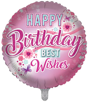 A pink balloon that says "happy birthday" and "best wishes."