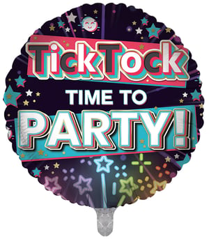 A balloon that says "tick tock, time to party!"