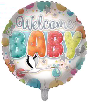A balloon that says "Welcome baby" on it.