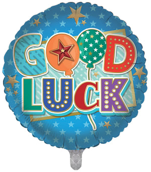 A blue balloon with the words "good luck" on it.